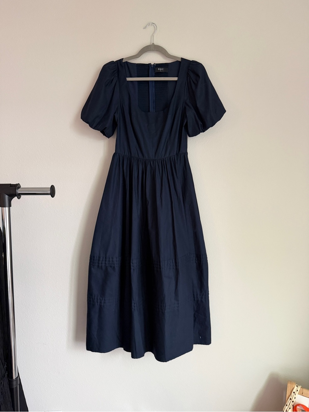 Puff Sleeve Square Neck Midi Dress in Navy